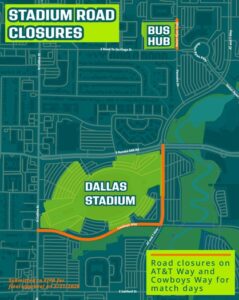 FIFAワールドカップ2026ダラススタジアム行きシャトルTRE鉄道-道路閉鎖情報